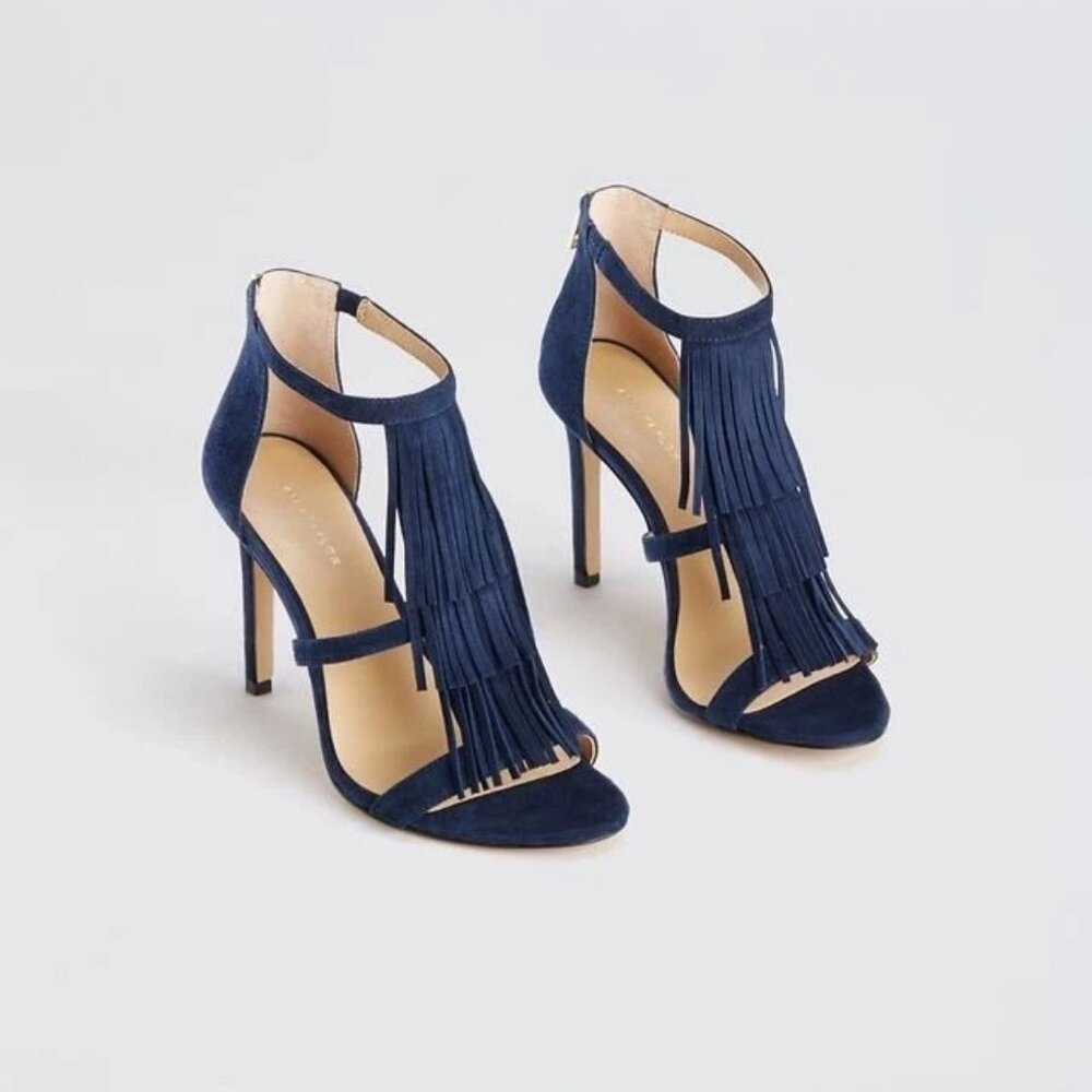 NWOB Ann Taylor Tara Fringe Suede Sandal 4" Heels Fresh Ink Deep Navy Blue 6.5